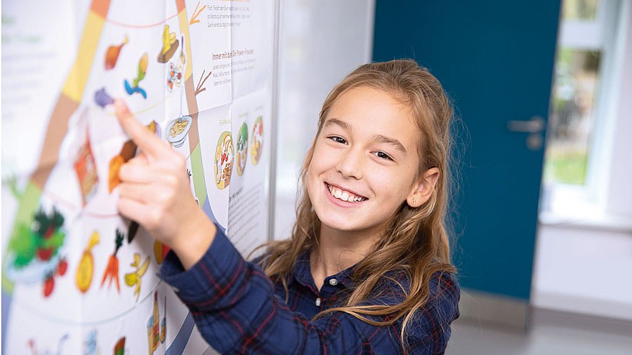 Ein Mädchen zeigt auf eine gemalte Projektkarte.