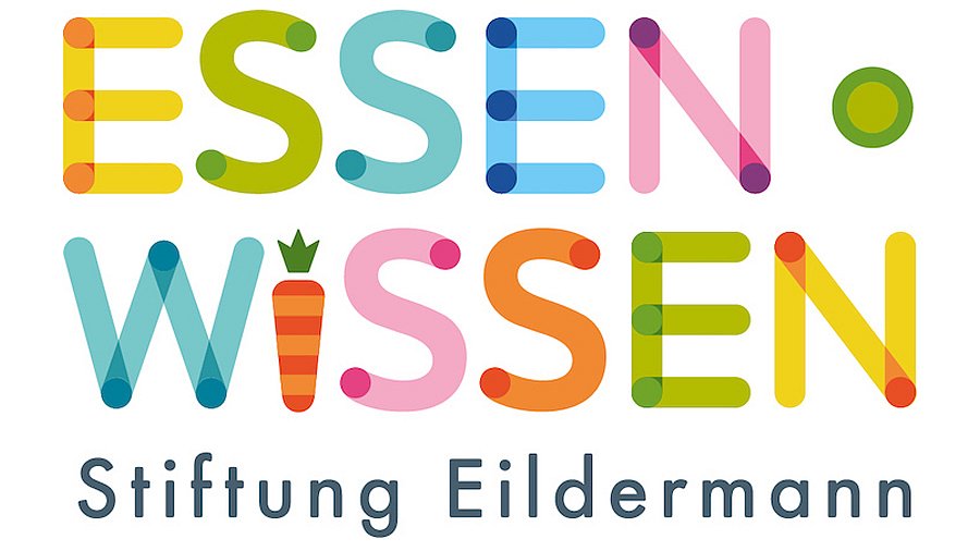 Schriftzug ESSEN WISSEN in bunt. Das i von Wissen ist wie eine Möhre gestaltet.