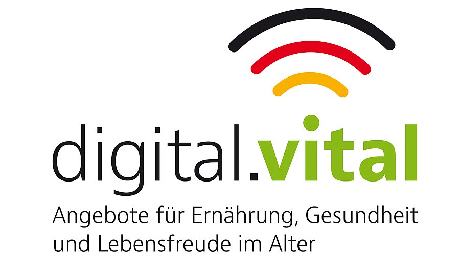 Schriftzug digital in schwarz und vital in grün mit Wifi-Zeichen in schwarz, rot, gelb. 