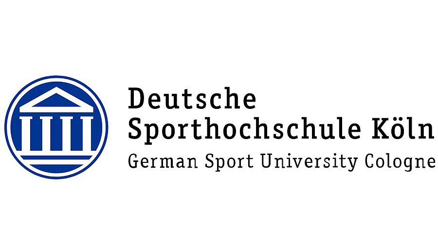 Logo der Deutschen Sorthochschule Köln (Schriftzug, daneben symbolische Halle als Siegel)