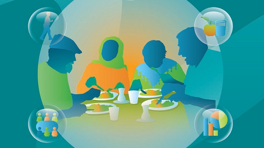 Stilisierte Darstellung von voer Personen beim Essen, davon trägt eine Frau einen Hijab, ein Mann eine Mütze