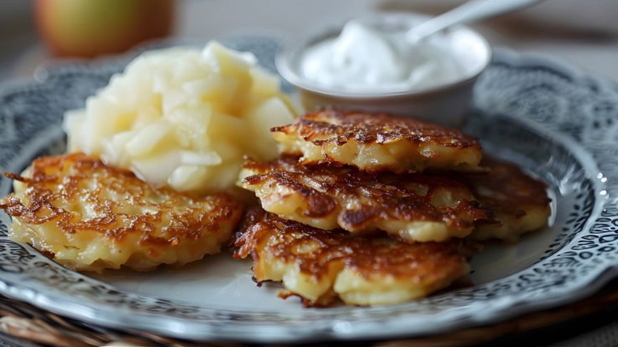 4 Stück Reibekuchen mit Apfelmus und Dip.