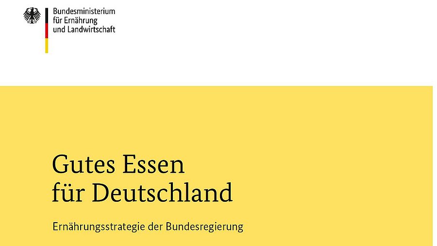 Cover Broschüre mit Schriftzug "Gutes Essen in Deutschland - Ernährungsstrategie der Bundesregierung" und BMEL Logo