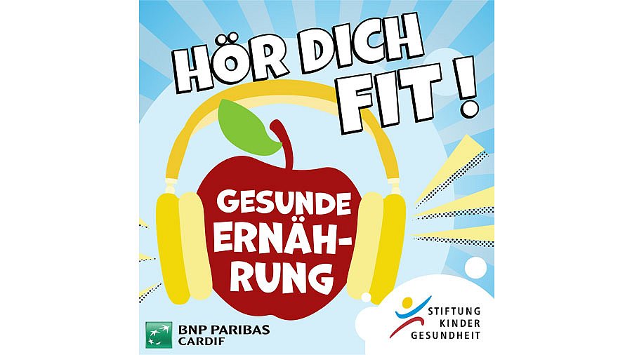 Plakat zum Podcast. Roter Apfel mit Kopfhörer und Schriftzug "Gesunde Ernährung". Blauer Hintergrund